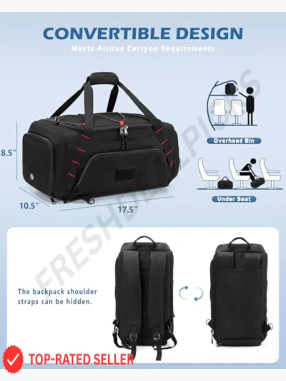 26L Gym Duffle Bag with Backpack Straps, Shoe Compartment, Wet Pocket, Travel